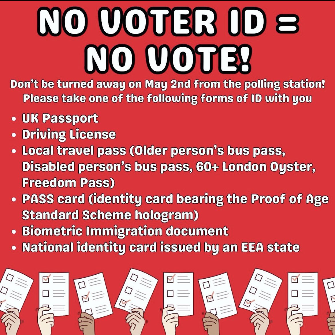 #NorwoodGreen & #Southall residents - If you don’t have voter id you won’t be able to vote today Make sure you put one of these forms of id in your pocket so you are ready for polling day and share to spread the word! Be ready to be a voter!