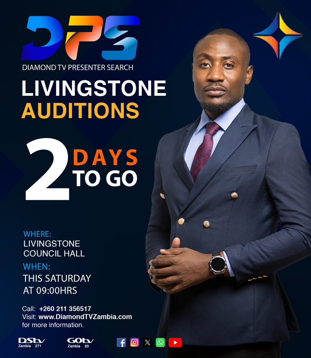 Ba Libingi (Livingstone), 2 more days to go till you wow the judges with your performances! 🤩

This Saturday, #DPS2024 will be in the Tourist Capital to look for our next Presenter!