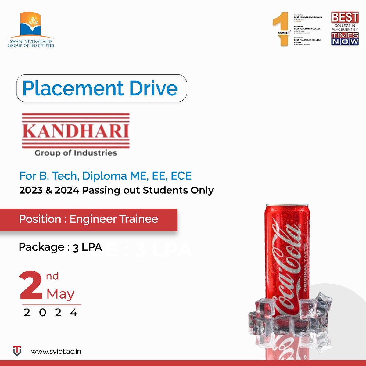 Placement Drive!
Company : #kandhari Group of Industries
For #BTech, Diploma (ME, EE, ECE) 2023 & 2024 Passing outs
Package : 3 LPA
Profile : Engineer Trainee
Date of placement drive : 2nd May, 2024
#sviet #college #Punjab #Chandigarh #placement2024 #SVGOI #CampusPlacement