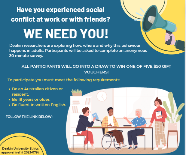 Richelle Mayshak (@richellemayshak) on Twitter photo Have you experienced conflict at work or with friends? We are exploring how, why, and where this behaviour occurs among adults. Participants will be asked to complete an anonymous 30-minute survey.
deakin.au/3UHmI2u
#Psychology #conflict #relationalaggression #Research Have you experienced conflict at work or with friends? We are exploring how, why, and where this behaviour occurs among adults. Participants will be asked to complete an anonymous 30-minute survey.
deakin.au/3UHmI2u
#Psychology #conflict #relationalaggression #Research