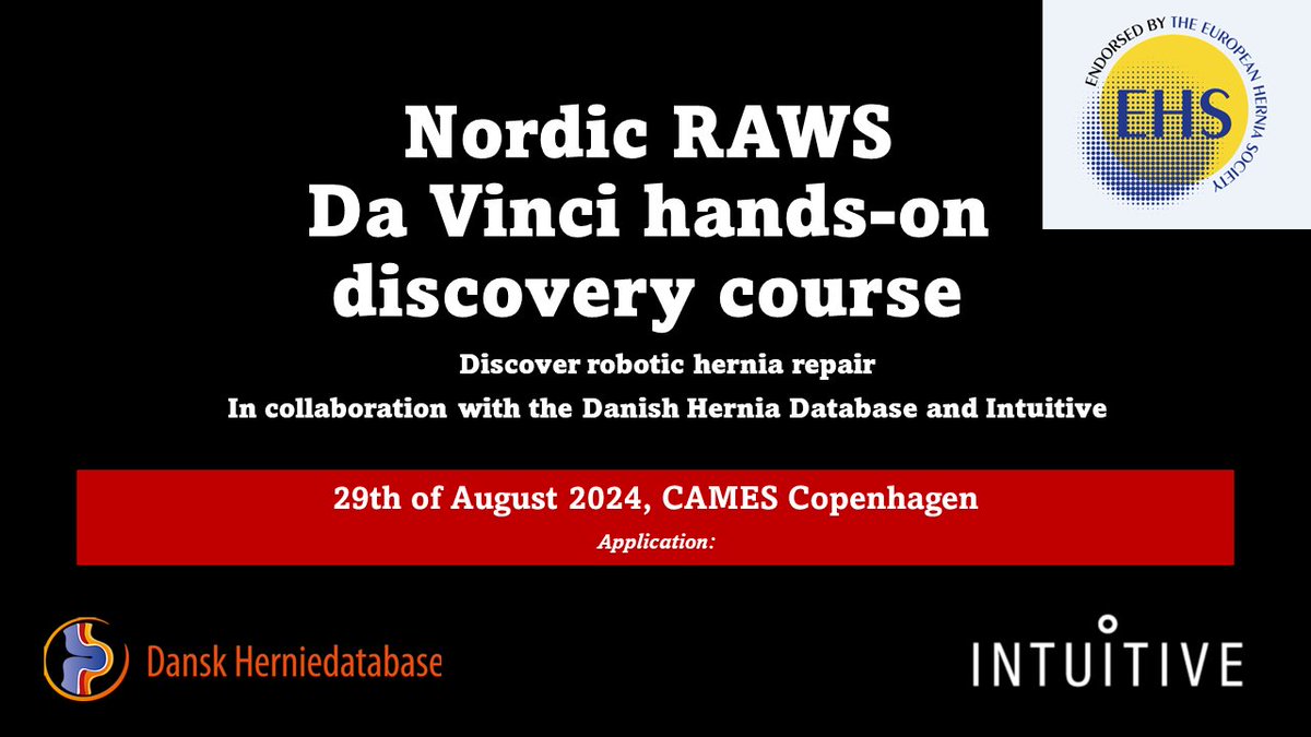 📣 'Nordic #RAWS Da Vinci hands-on discovery #HerniaCourse' Registration OPEN!

🗓 29 August 2024
📍 Copenhagen, Denmark 🇩🇰 
✅ Endorsed by the EHS
➡️ bit.ly/3K3yvlP

#HerniaSurgery #AWSurgery #HerniaFriends #RoboticSurgery