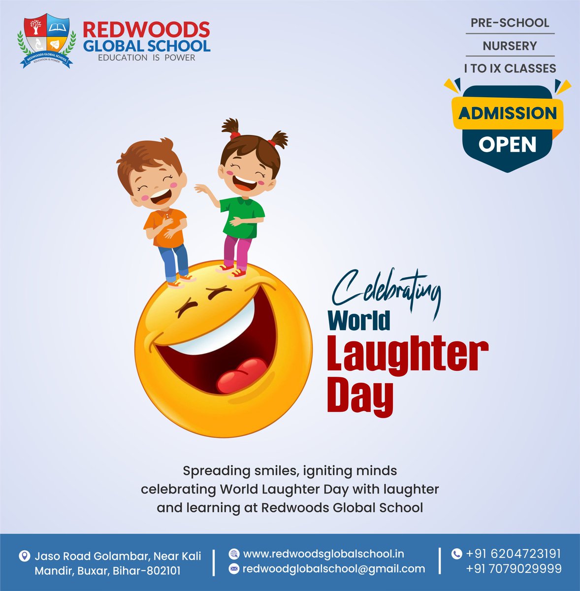 Spreading smiles, igniting minds - celebrating World Laughter Day with laughter and learning at Redwoods Global School.
#redwoodsglobalschool #worldlaughterday #education #buxar #Bihar #educationforall #educationmatters #admissionopen #EducationOpportunity