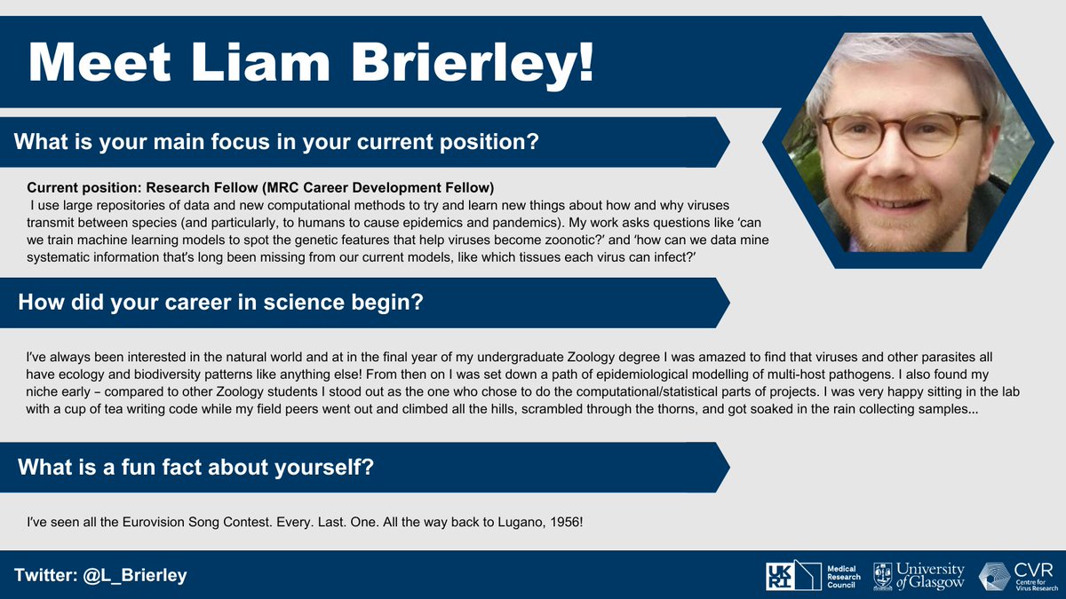 A warm welcome to @L_Brierley who joins us today! Liam is an MRC Career Development Fellow and will be using new computational methods to investigate how and why viruses transmit between species.