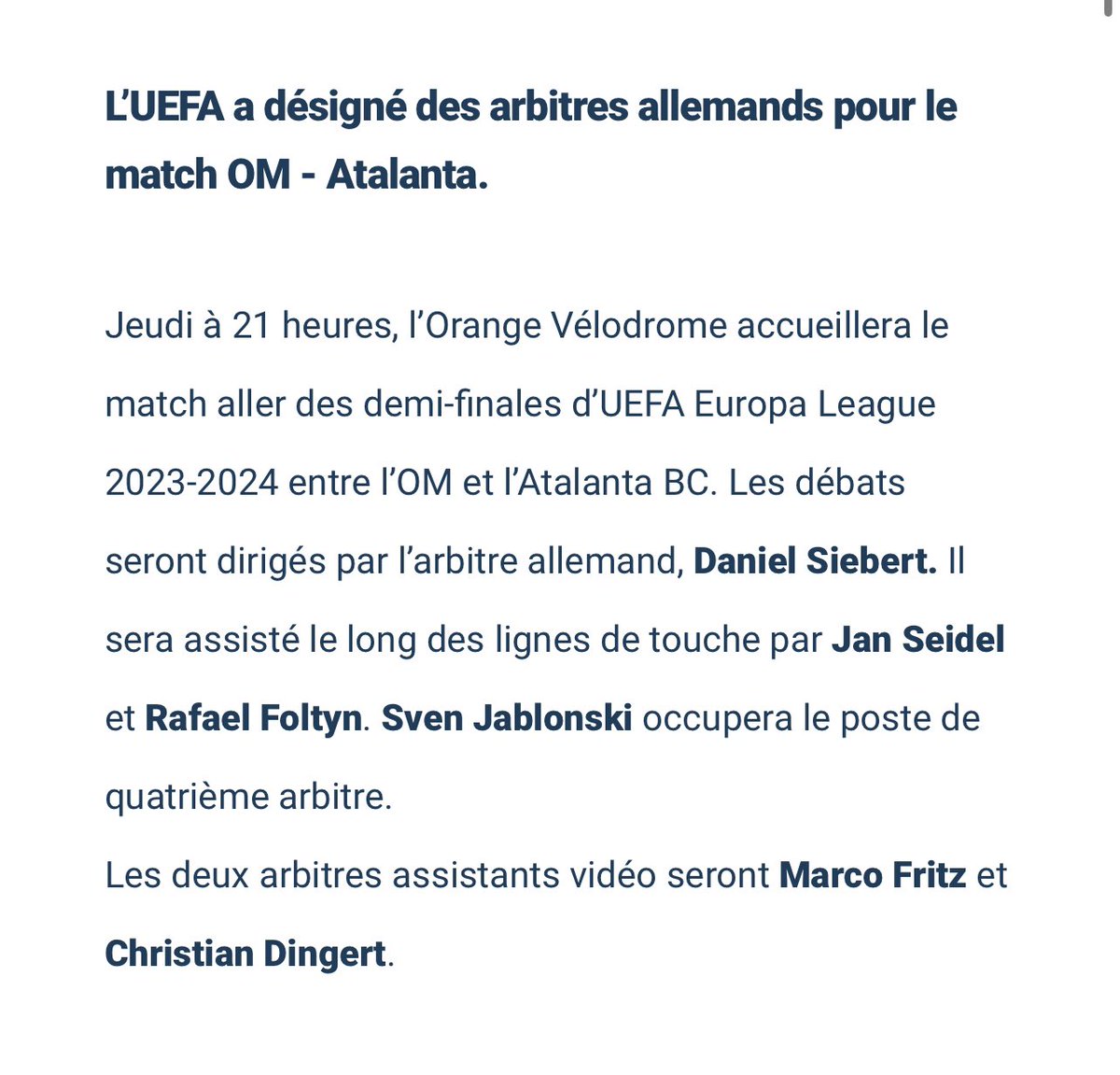 Jour de match @LigueEuropa 

@OM_Officiel🆚@Atalanta_BC 

🏟️Orange Vélodrome 
⌚️coup d’envoi à 21h00
📺diffusé sur M6 et Canal+ 
🟨arbitre de la rencontre Daniel Siebert

Allez l’OM allez l’ooooooo Ⓜ️
Le peuple marseillais sera derrière vous se soir pour vous encouragez 💪🏻💙🤍🔥