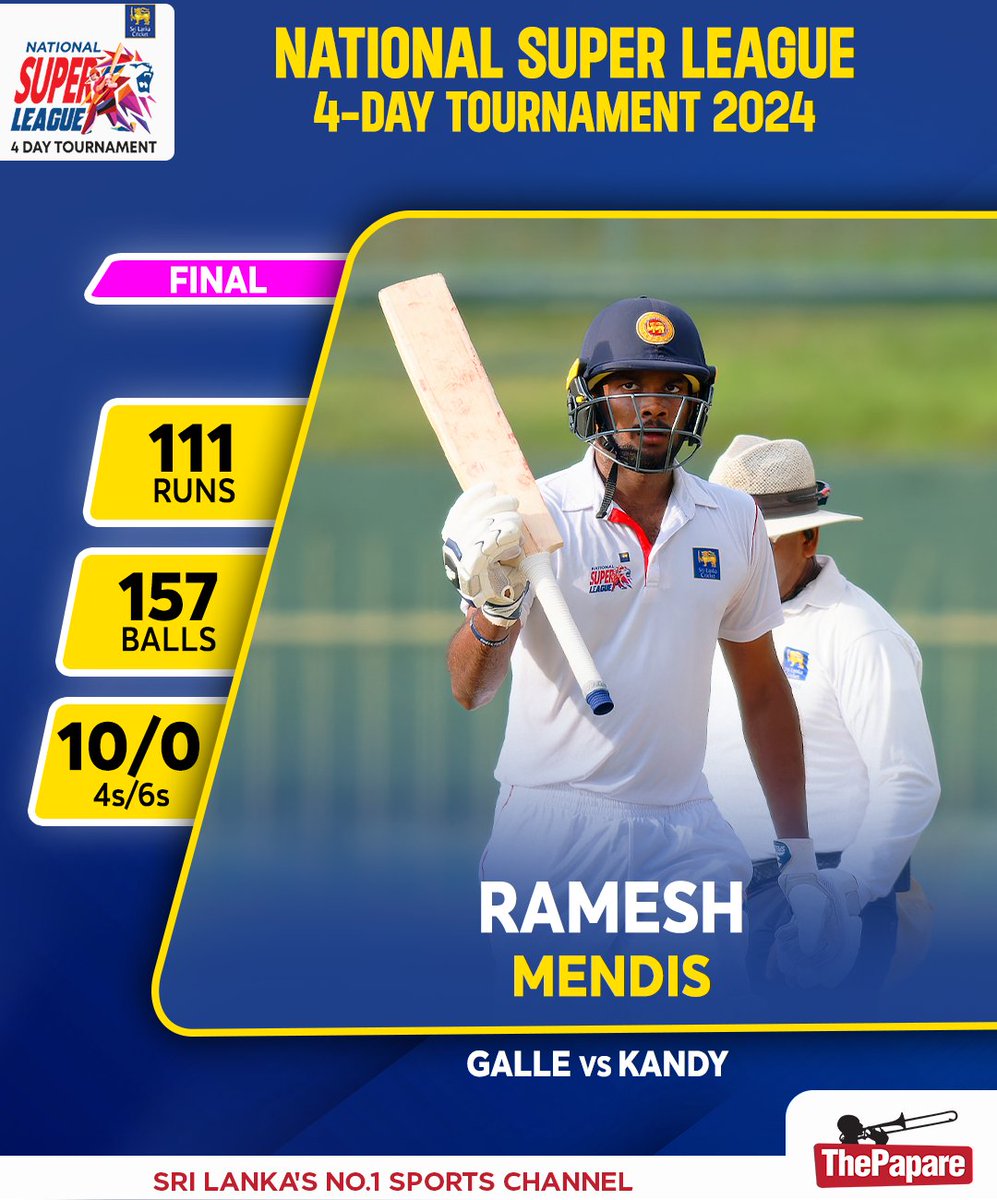 Ramesh Mendis leads from the front with an outstanding innings. #NSL2024 Watch LIVE action on ThePapare TV (Dialog TV Ch. 63), Dialog ViU App & ThePapare.com. LIVE NOW 👉 live.thepapare.com/event/nsl-four…