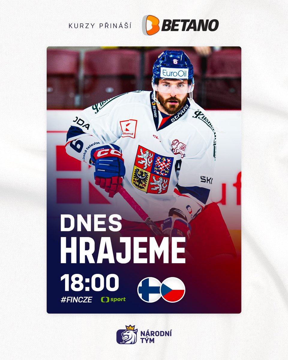 První utkání Betano Hockey Games je tady! 🤩 Od 18:00 se v Brně postavíme 🇫🇮 Finsku, pokud se nechystáte přímo do 🏒 arény, zápas můžete sledovat živě na @sportCT!

#FINCZE #BetanoHockeyGames #narodnitym #ceskyhokej