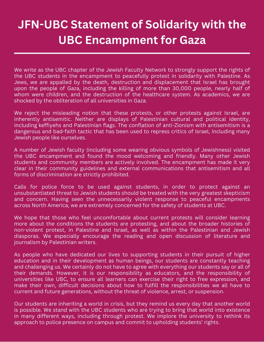 Jewish Faculty Network Statement of Solidarity with the UBC Encampment for Gaza: 🧵 below or jfn-ubc.ca