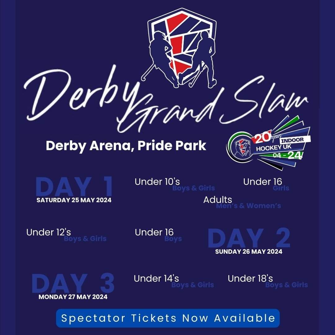 Spectators wishing to attend the 2024 Derby Grand Slam will need a ticket. Tickets are available now via tickets.indoorhockey.uk Players, Managers/Coaches or officials will have accreditation to all 3 days of the event so do not need a ticket. #indoorhockeyuk #2024DGS
