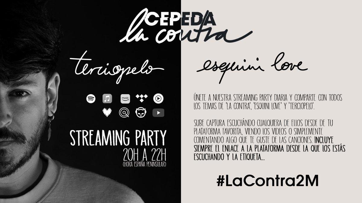 #LaContra2M 🎧 Hoy a partir de las 20h recuperamos nuestra 'streaming pàrty' para compartir entre todos nuestros momentos musicales con @cepedaoficial y #LaContra Ya sabéis, captura + enlace + etiqueta... Y, por supuesto, cualquier comentario que queráis compartir ¡Os leemos!