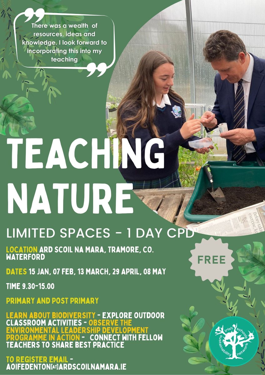 Our last CPD day is taking place on May 8th @ardscoilnamara. We're be talking about biodiversity & observing our TY Environmental Leadership Team in action. A nice way to end the school year and think about what you'd like to achieve in the next academic year. Join us!