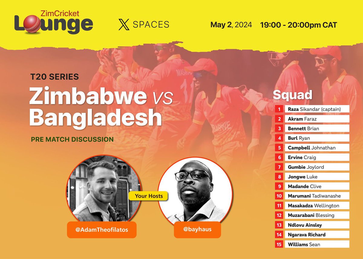 It’s Cricket Time!🇿🇼 @zimcriclounge is back for the Zimbabwe Tour of Bangladesh. Join us on Spaces TONIGHT for our pre tour preview of this exciting T20 series. Link below and give us a share 🇿🇼