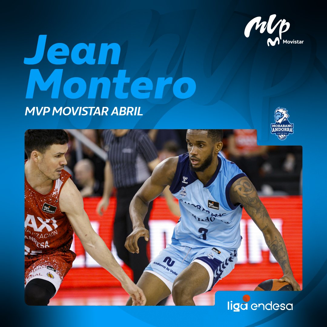 🏅Jean Montero es el MVP Movistar de abril. El base del @morabancandorra consigue su primera corona mensual gracias a sus 17,3 puntos, 5,8 asistencias y a las tres victorias en cuatro partidos de su equipo durante el mes. ¡Enhorabuena!