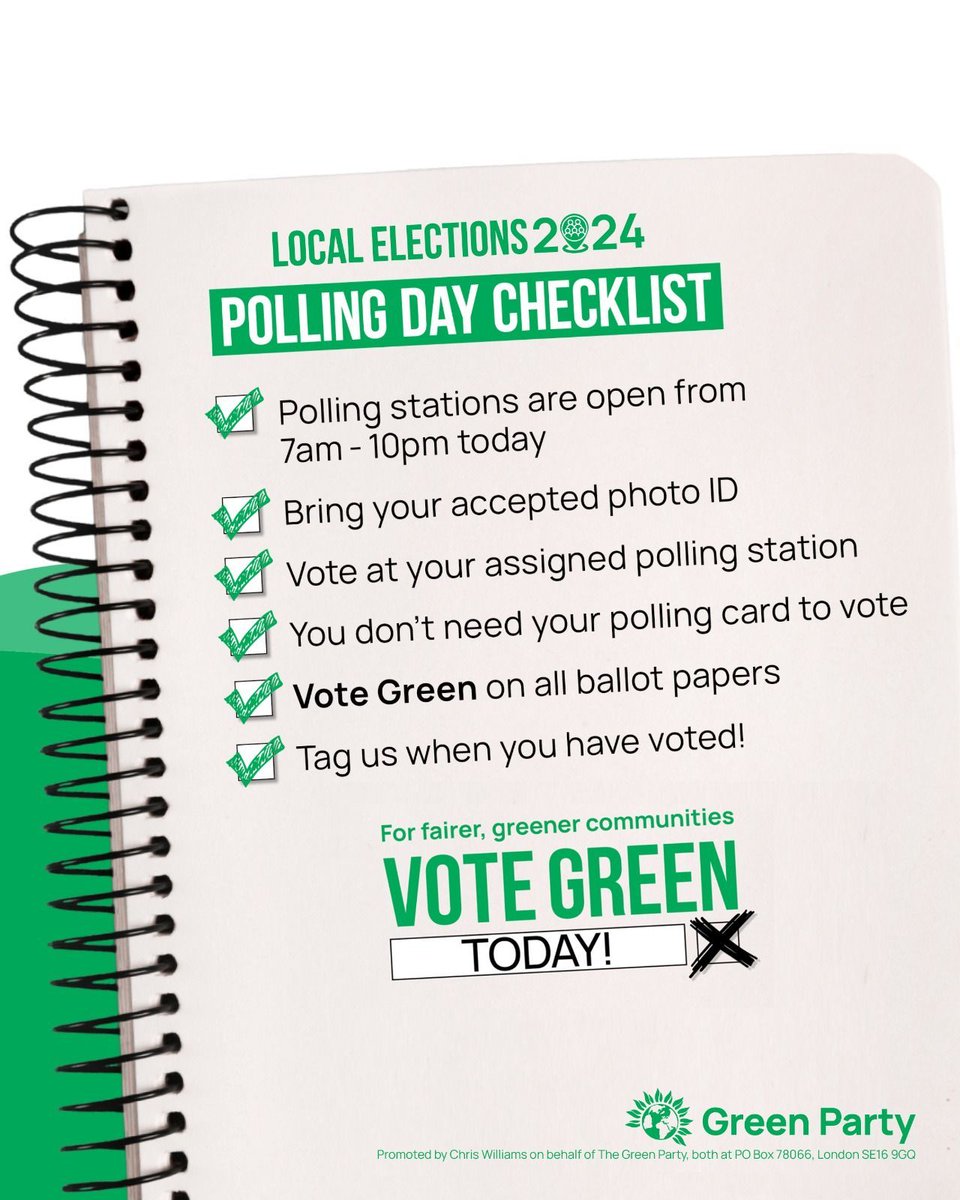 🕙 Polling stations are open until 10pm. 🪪 Don't forget your photo ID! ✅ Vote Green on all ballot papers for fairer, greener communities. #GetGreensElected