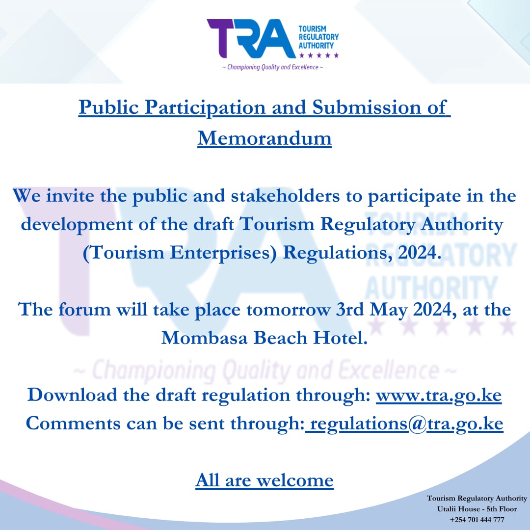 Join us tomorrow for yet another engaging Public Participation forum at the Mombasa Beach Hotel  
All are welcome.

#publicparticipation #HospitalityIndustry @MombasaCountyKe @Min_TourismKE