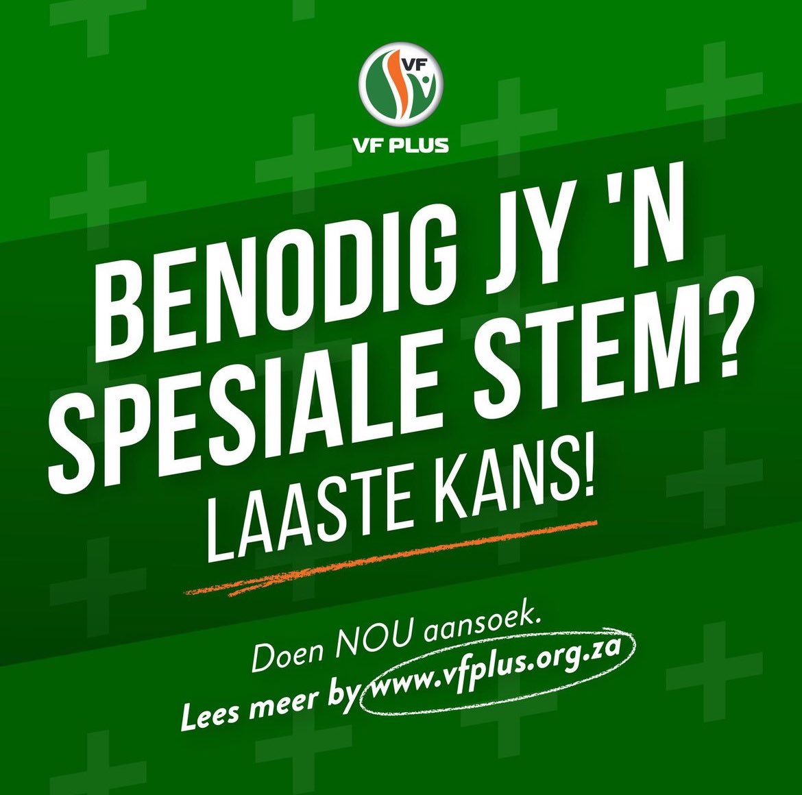 🗳️ Sal jy weens ouderdom of gesondheidsprobleme nie op 29 Mei by jou stemlokaal kan stem nie? Of is jy uitstedig op stemdag? Jy kan dan aansoek doen vir ’n spesiale stem. Aansoeke sluit Vrydag, 3 Mei. Die VF Plus bied ook hulp met hierdie aansoeke. Vul die vorm op ons webblad…