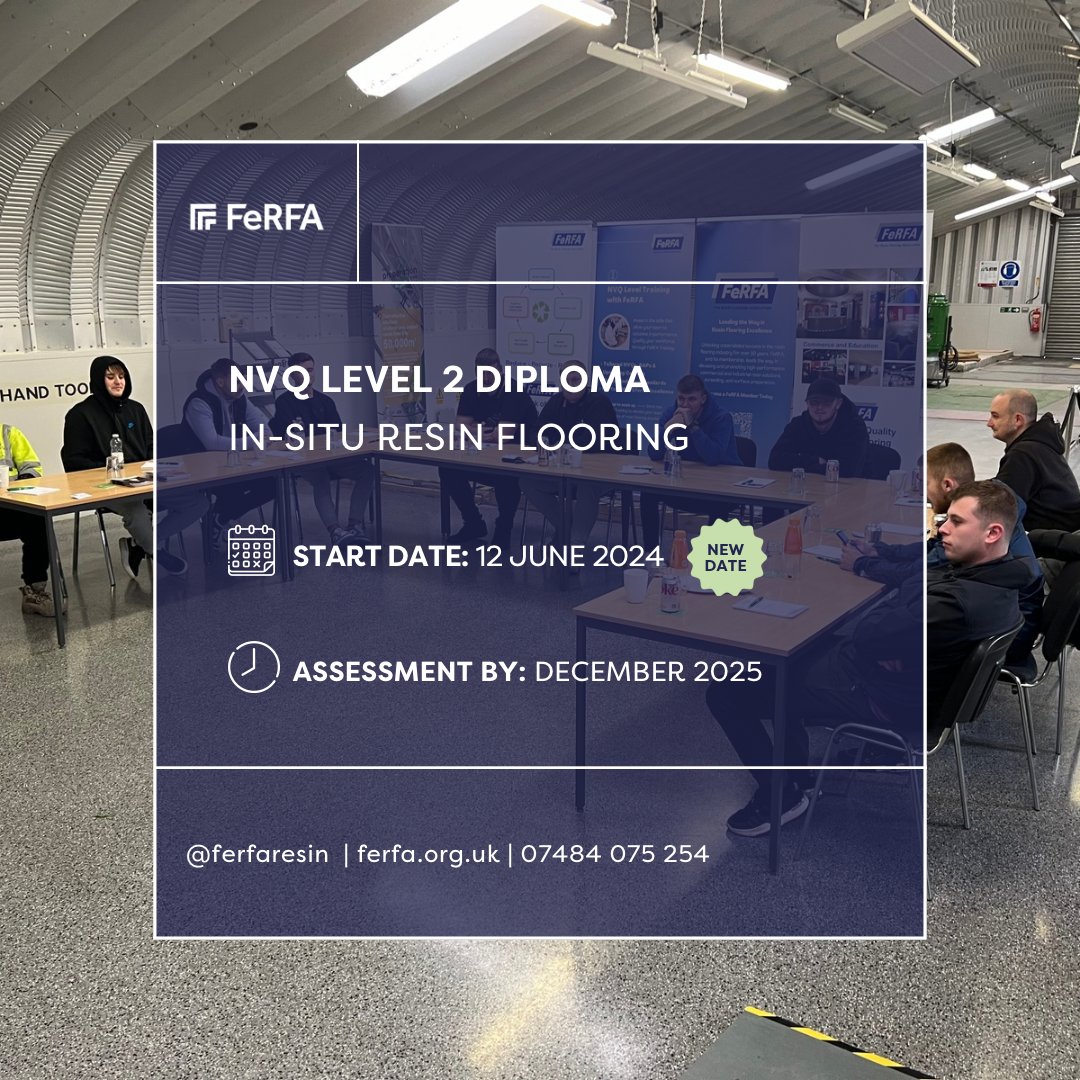 New date to start #FeRFA NVQ Level 2 Diploma in #InSituResinFlooring: 12 June 2024 🗓️

To register your interest or enrol
🔹 Visit ferfa.org.uk/training
☎️ Call FeRFA Support direct on 07484 075 254
✉️ Email FeRFA Support for more details
 #ConstructionTraining #ResinFlooring