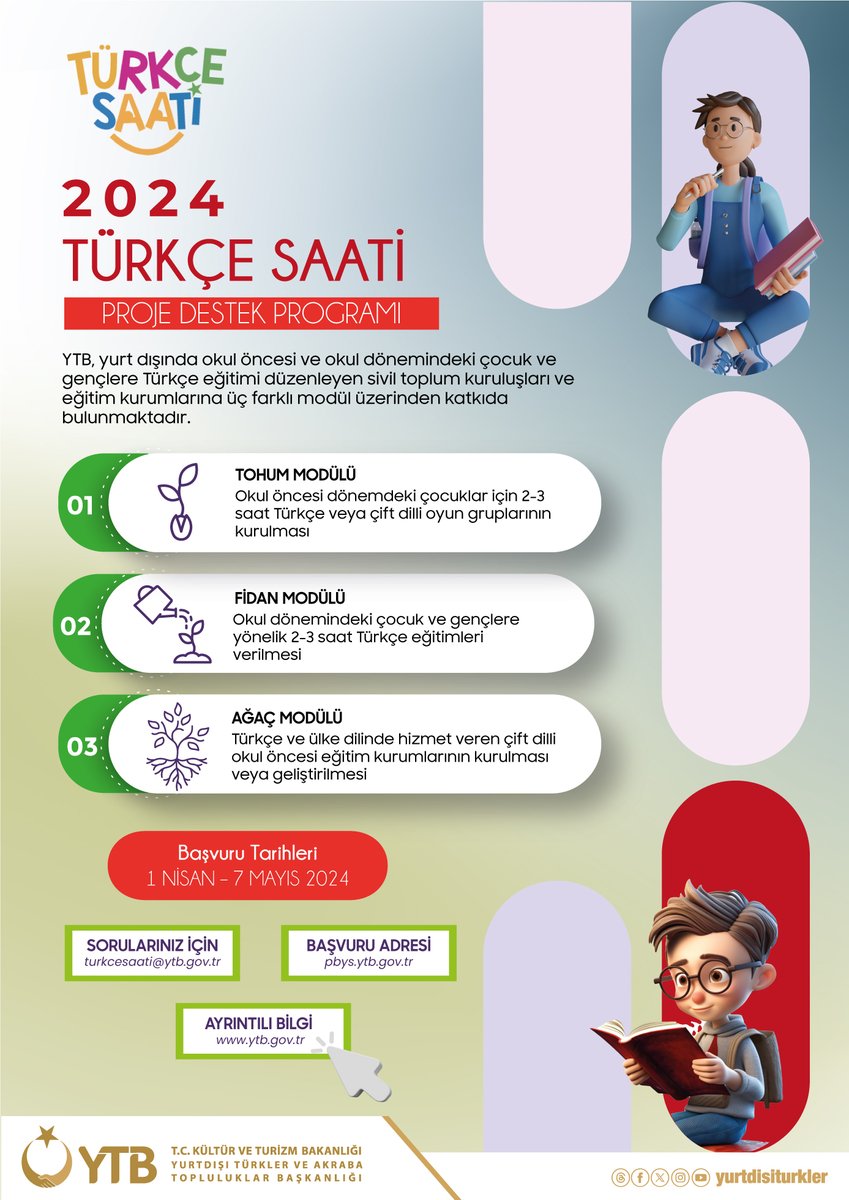 Yurt dışında yaşayan çocuklarımız, #Türkçe Saati Proje Destek Programı ile Türkçemizi öğrenirken eğleniyor, kültürümüzle buluşuyor. Başvurular için son 5⃣ gün❗️ 📚🌍 #TürkçeÖğreniyorum 🔎 ytb.gov.tr/haberler/turkc…