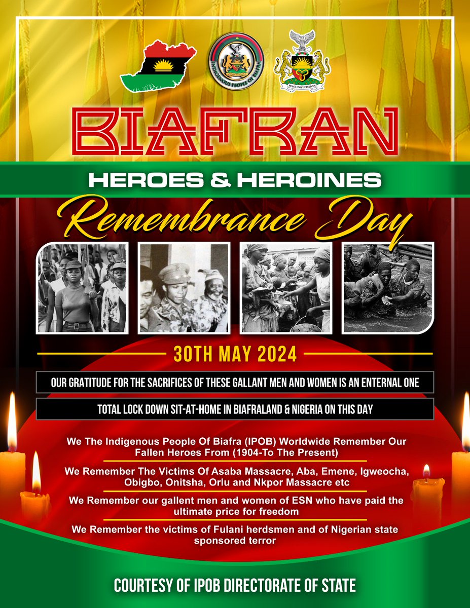 30th of May of each year is a date with history and a call to duty for Biafrans to Remember,  Recognise,  Appreciate, and Honour the sacrifices of our HEROES and HEROINES past.

On May 30th, 2024, Biafrans all over the world will observe this solemn day with rallies in cities and…