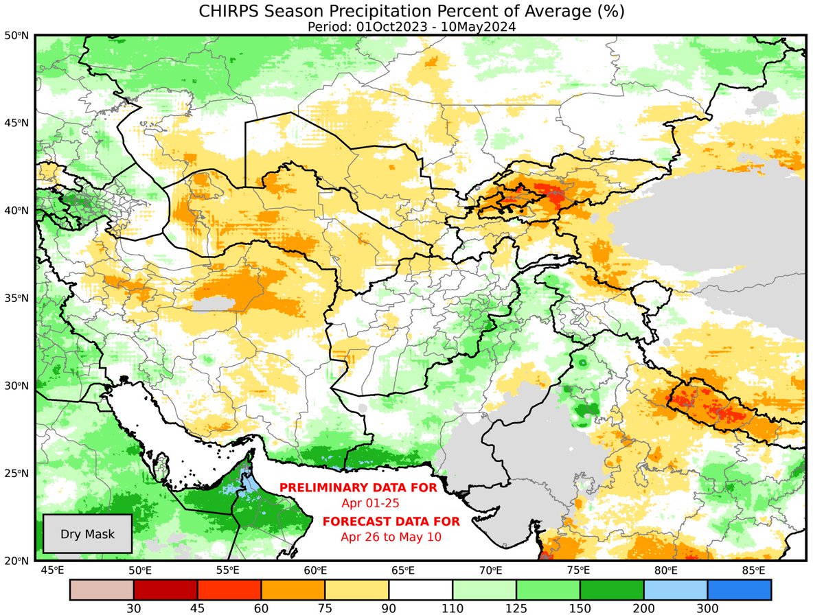 End of 3 year drought in #Afghanistan: recent satellite #rainfall estimates shows east & south of Afg have received up to 25% more precipitation than a normal year(green). Rest of the country has received near normal precipitation(white) & some region lacks 10% rainfall (yellow).