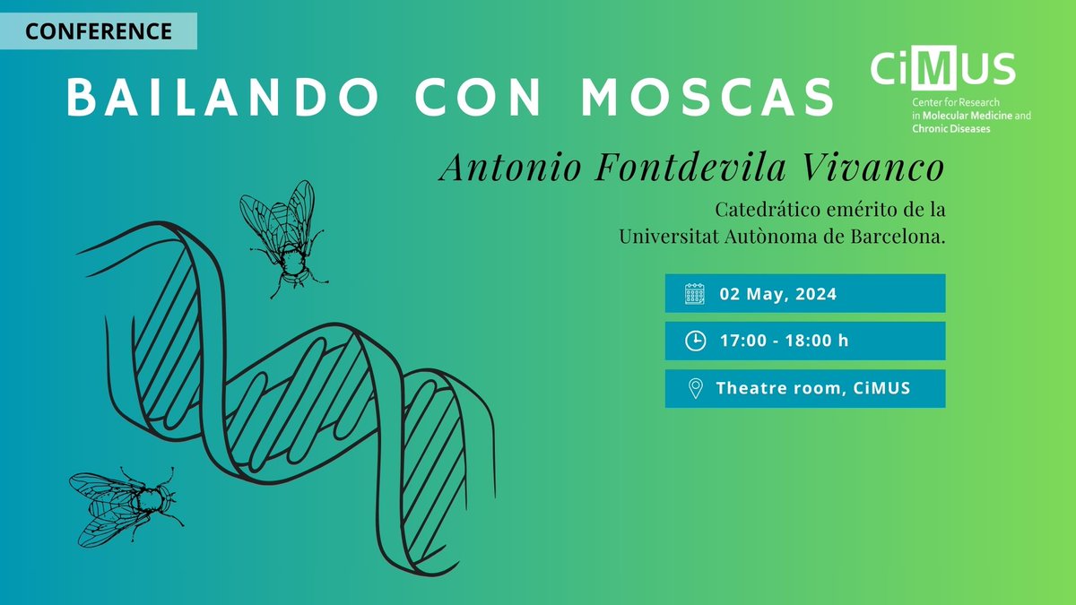 Os invitamos esta tarde a la conferencia que impartirá el Dr. Antonio Fontdevila, genetista evolutivo catedrático emérito de la @UABBarcelona. 🗓️ 2 mayo 🕒17:00 h 📍 Theatre room, #CiMUS Actuará de anfitrión el IP Jose Tubio @MobileGenomes