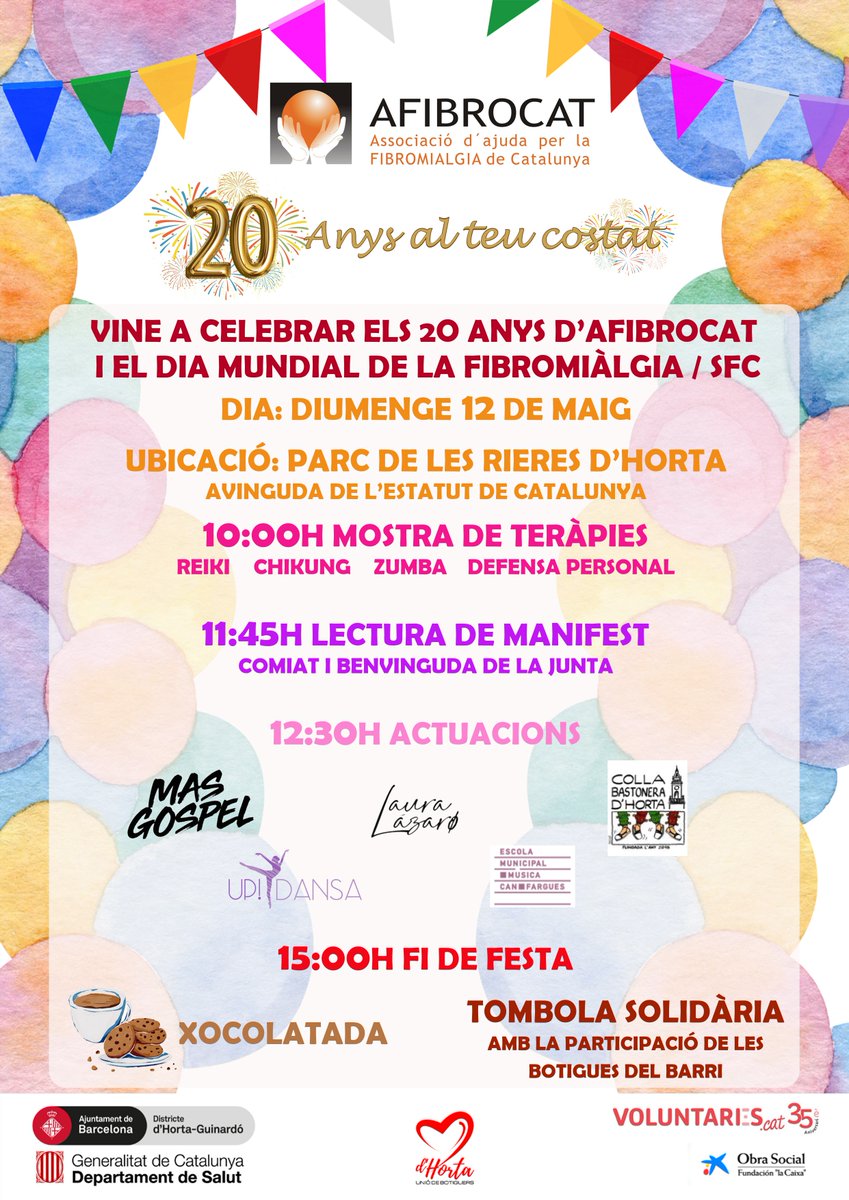 🎈 L’ASSOCIACIÓ AFIBROCAT CELEBRA EL SEU ANIVERSARI!  @afibrocat compleix 20 anys amb una jornada plena d’activitats en el Dia internacional de la fibromiàlgia. Mostra de teràpies, actuacions, xocolatada i molt més! 🗓️ 12/5, 10 h 👉Parc de les Rieres d'Horta  @bcn_hg