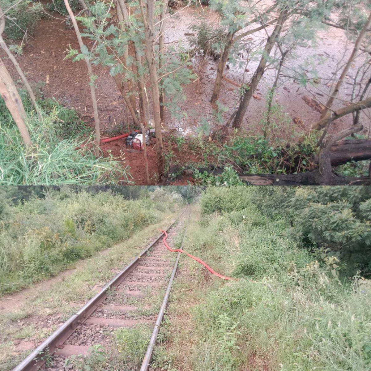 Frame 1: The unplanned dam caused by engineering malfeasance of @KenyaRailways_ at Kijabe Forest in different angles. 

Frame 2: The small pump brought by @KenyaRailways_ to drain that huge water body. 

Like these idiots couldn’t really be bothered. 

And then through religion…