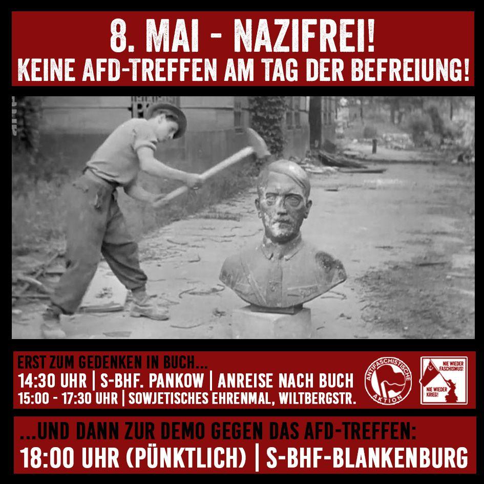 🔴8. Mai #Nazifrei!🔴 Die #AfD organisiert für den 8. Mai in #Pankow eine Veranstaltung zur Europawahl. Dass das am Tag der #Befreiung geschieht ist kein Zufall. Diese Provokation werden wir nicht hinnehmen! ‼️Kommt zur Gegendemo‼️ 🕐18 Uhr 📍S-Bhf #Blankenburg #B0805 #noafd