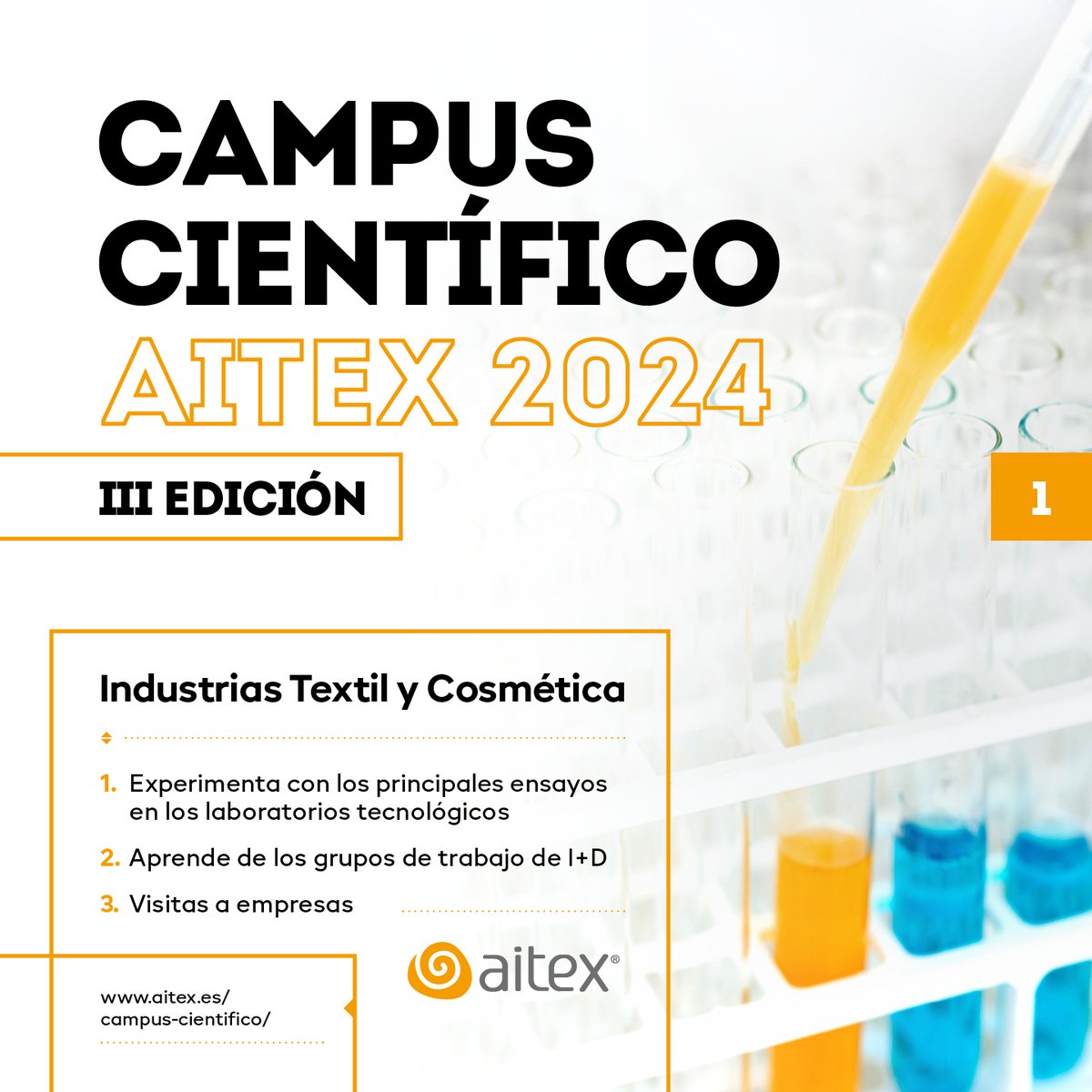 🚀 AITEX lanza la 3ª edición del #CampusCientífico: 30 becas para estudiantes de 3º y 4º de la ESO con el mejor expediente académico de l’Alcoià, el Comtat y la Vall d’Albaida. 📆Cierre inscripciones 31 de mayo 📍Nuevas instalaciones AITEX Inscripciones: lnkd.in/dj9EdBaq