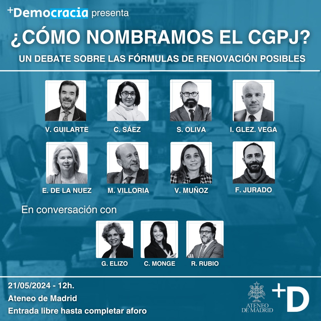 Contaremos con las propuestas de: -V. Guilarte, actual Presidente del CGPJ -C. Sáez, ex-Vocal del CGPJ -@SergiOlivaAJFV de @JuecesAJFV -@iugonzvega de @JpDemocracia -@elisadelanuez de @HayDerecho -@MANUELVILLORIA1 de +D -V. Muñoz de @FJuecesIndepend -@SuNotissima de +D