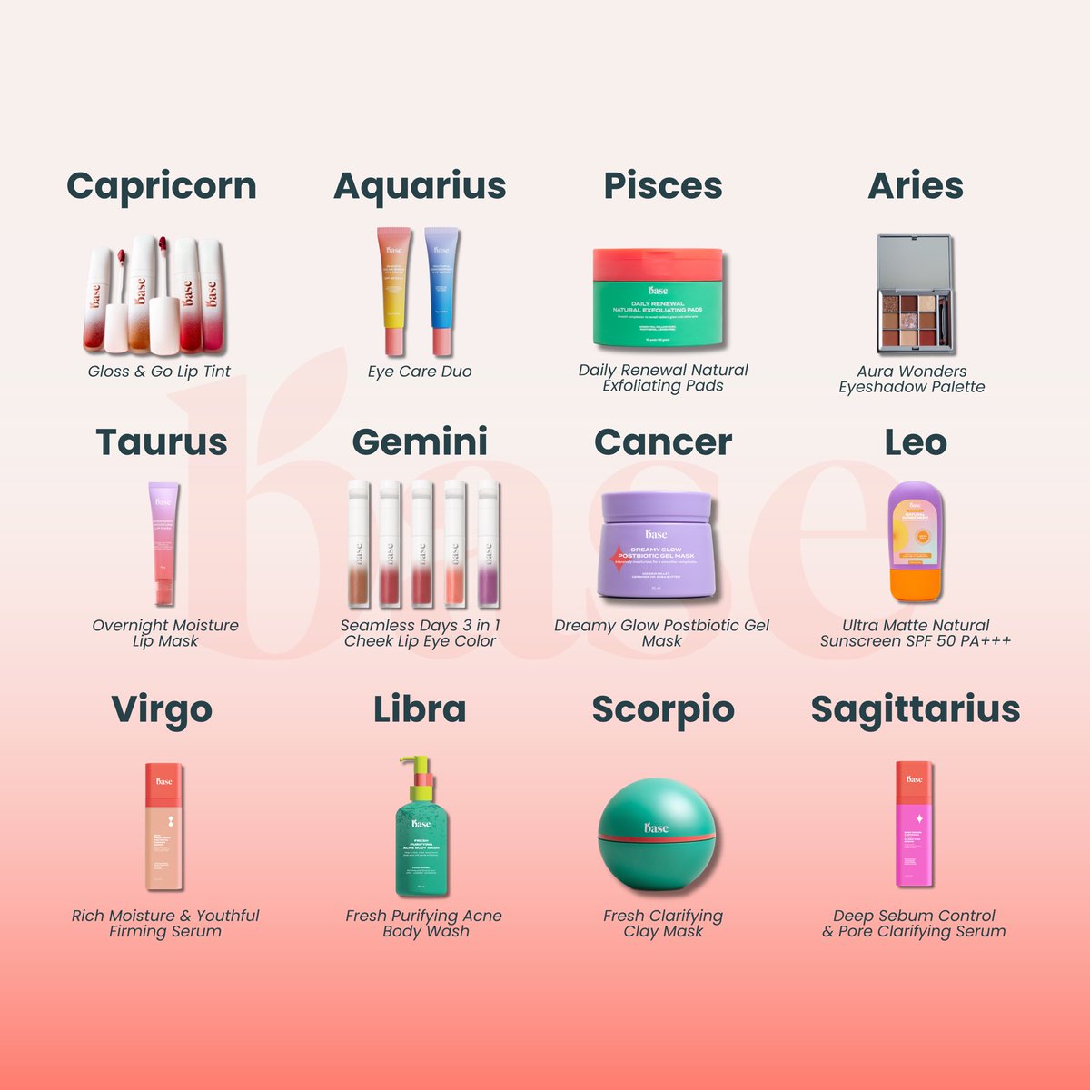 No cheatinggg!! your zodiac sign determines which BASE product you'll get! ✨👀

repost & drop your zodiac ya, BASEfriends! 😉