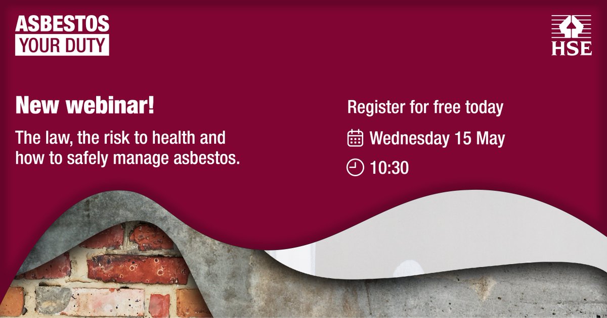 New webinar! 

Join HSE experts for a free webinar to learn more about the risks of asbestos and the legal duty to manage asbestos in buildings. 

Register now: solutions.hse.gov.uk/health-and-saf…

#Asbestos 
#AsbestosYourDuty
#Webinar