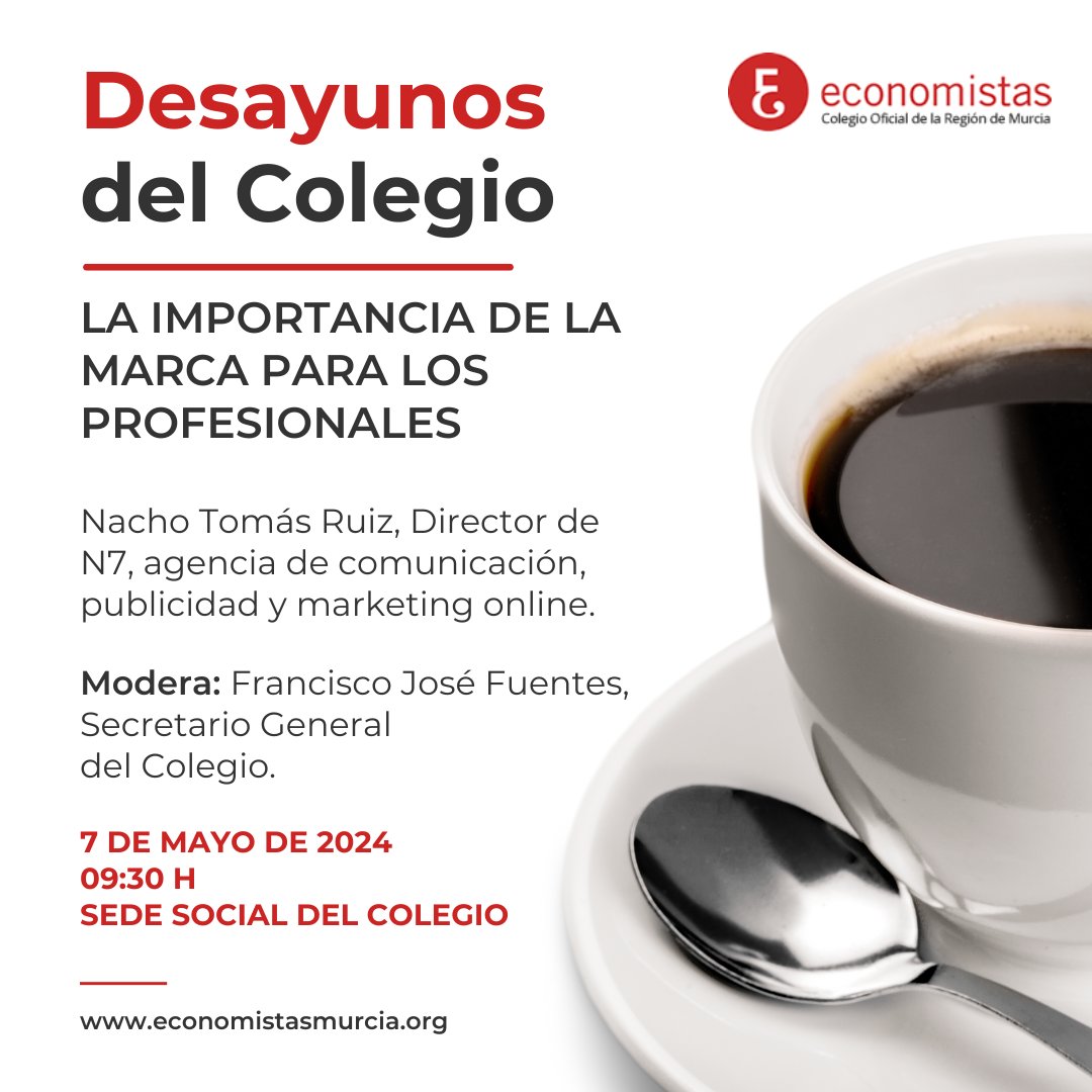 ☕ ¡No olvides que el martes, 7 de mayo, tenemos una cita! 🗣️ @NachoTomas, Dir. de @N7netcom, será el encargado de inaugurar los Desayunos del Colegio con su charla 'La importancia de la marca para los profesionales'. ✍️ Aforo limitado, ¡inscríbete! → docs.google.com/forms/d/e/1FAI…