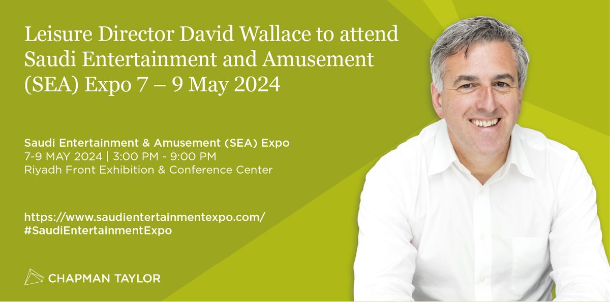 Leisure Director David Wallace to attend the Saudi Entertainment and Amusement (SEA) Expo from May 7th to 9th, 2024 chapmantaylor.com/news/leisure-d… #Entertainment #Cinema #CinemaDesign #CinemaInteriors #Architect #Designer #Interiors #InteriorDesign #KSA #Riyadh #SaudiArabia #SEAExpo