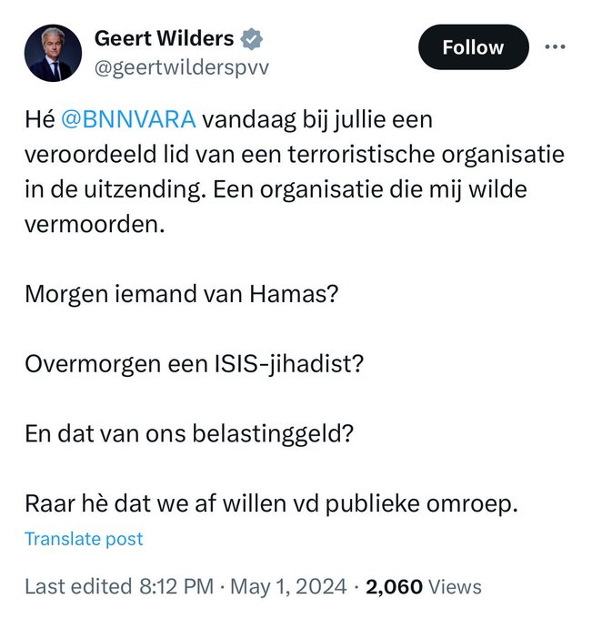 Formeren via X. PVV-lid eist afschaffing publieke omroep vanwege gast in uitzending van een omroepvereniging. Kom er maar in, @Nvanvroonhoven van @NwSocContract!