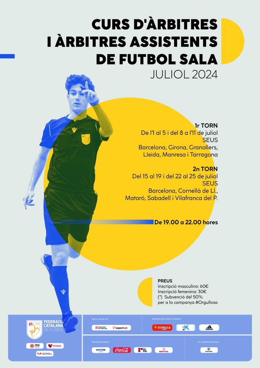 ▶️ Es mantenen obertes les preinscripcions pel Curs d'Àrbitres i Àrbitres assistents de futbol sala 🛠️ Curs presencial 📍 10 seus diferents 📅 2 torns diferents ✅ Preinscripcions a 👉🏼 docs.google.com/forms/d/e/1FAI… 🔗 Tots els detalls a fcf.cat/noticia/es-man… #CursÀrbitresFS