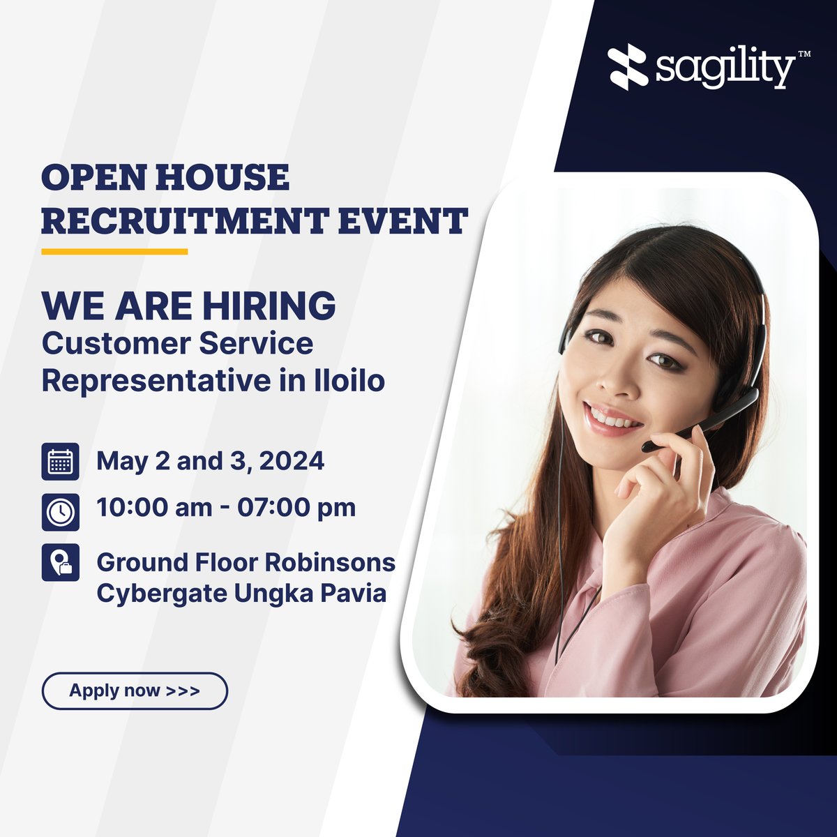 Just bring your updated resume and a valid ID. See you!  Qualifications:

2nd year college (72 units) with at least 6 months of work experience.
College graduate with or without work experience.

#Sagility #HiringNow #CustomerServiceRepresentatives #HealthcareCareers #JoinOurTeam