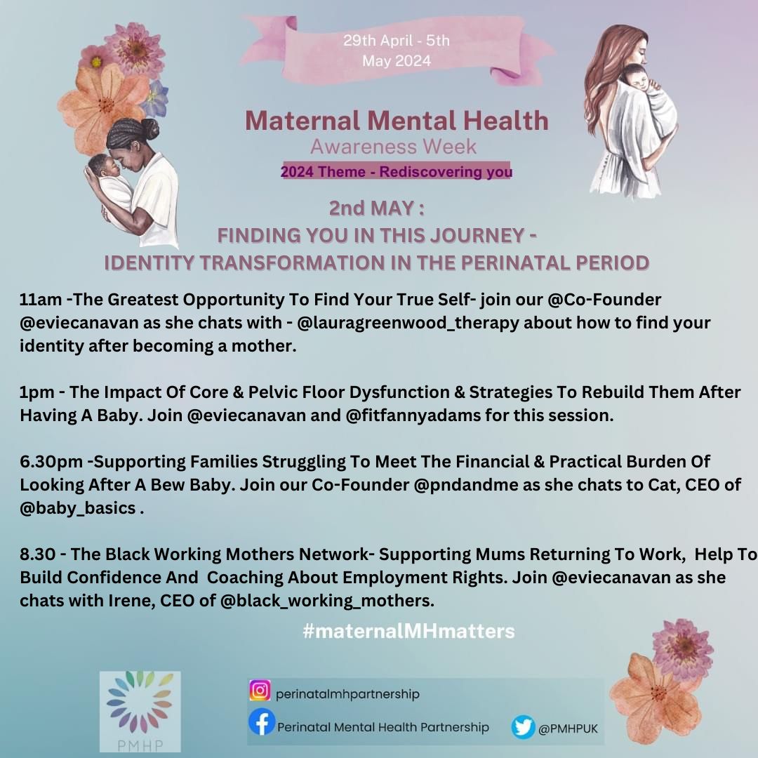 Welcome to Day 4 of #maternalmentalhealthawarenessweek and the theme for today is 'Finding You In This Journey- Identity Transformation In The Perinatal Period '.
#maternalmhmatters
#maternalmentalhealth 
#perinatalmentalhealth 
#mmhaw
#mmhaw24
#postnataldepression