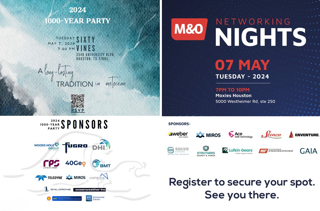 Heading to Houston for #OTC2024? Don't miss out on the industry events we are proud to sponsor! Register here: @MOPartners' Networking Nights 2024: hubs.ly/Q02vQvH40 and here: #MetOcean Community's '1000 Year Party': hubs.ly/Q02vQrqp0 #OTC2024 #metocean #Houston