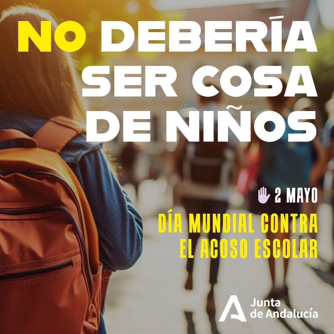 🏫👧🏻El Gobierno andaluz rechaza cualquier situación de acoso y ciberacoso en la educación y muestra su compromiso con actuaciones de sensibilización, información y formación para su detección temprana

👥Es responsabilidad de todos

❌No debería ser cosa de niños

🛑#StopBullying