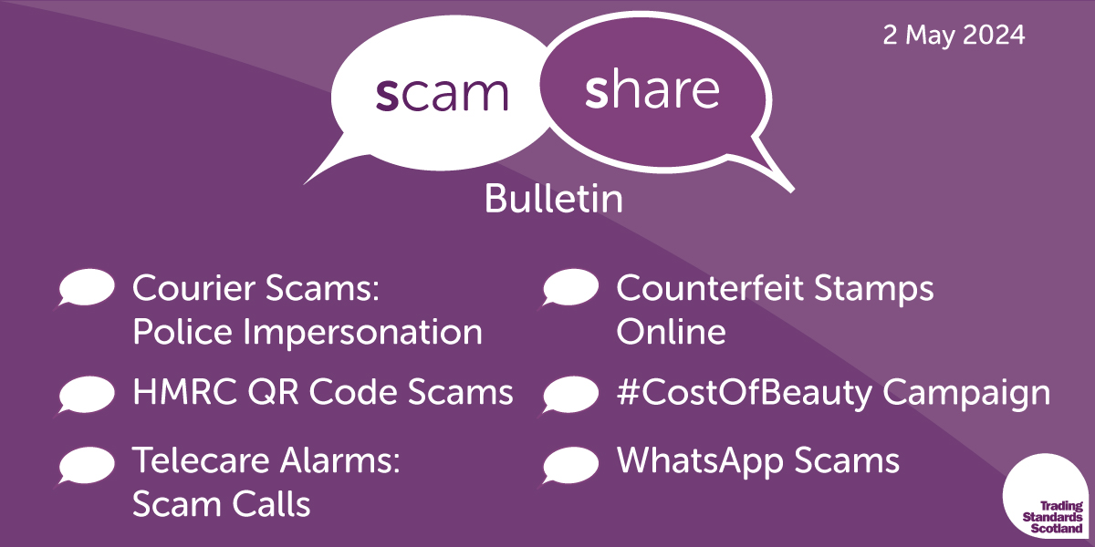 In this week's #ScamShare bulletin:

🗨️Courier Scams
🗨️HMRC QR Code Scams
🗨️Telecare Alarms: Scam Calls
🗨️Counterfeit Stamps Online
🗨️#CostOfBeauty Campaign @CTSI_UK
🗨️WhatsApp Scams

Please read & share➡️mailchi.mp/727fe4a3b5cc/t…