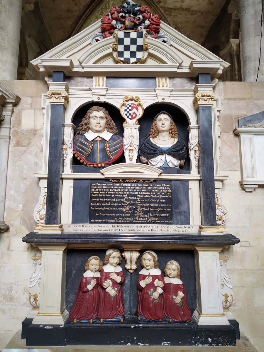 John & Grissell St Barbe, died on the same day of the sweating sickness & were buried on 2nd Sept 1658 Though she was only 22, they had 4 sons as depicted at the bottom, but by the time the memorial was installed in Romsey Abbey 3 of them, depicted holding lilies, had also died