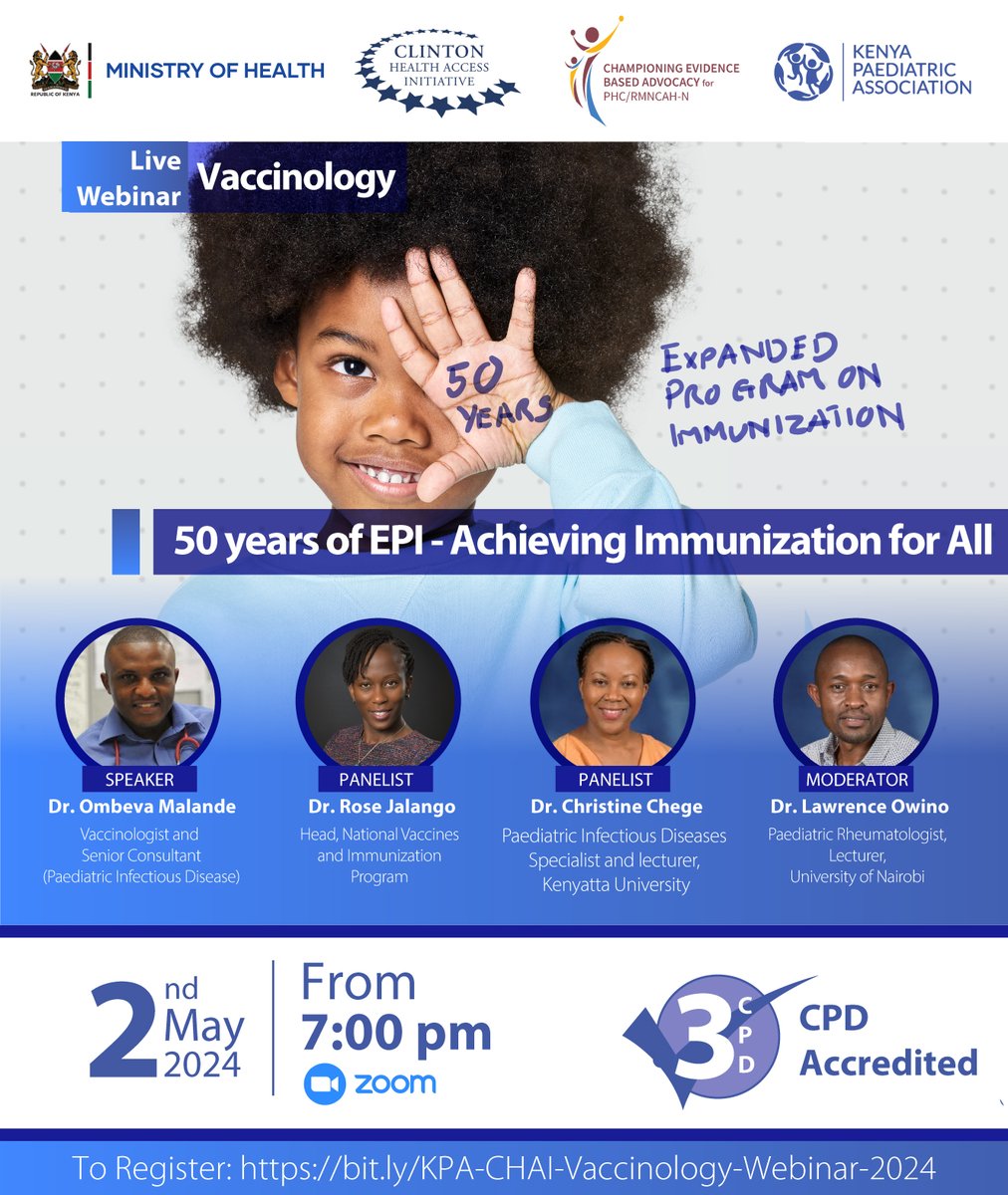 Make sure to join us later this evening as we discuss the 50 years of the EPI and how to strengthen #immunization coverage in the future. To register: us02web.zoom.us/.../reg.../WN_… #worldimmunizatioweek #AfyaYaWatotoWetu #childhealth #CEBA