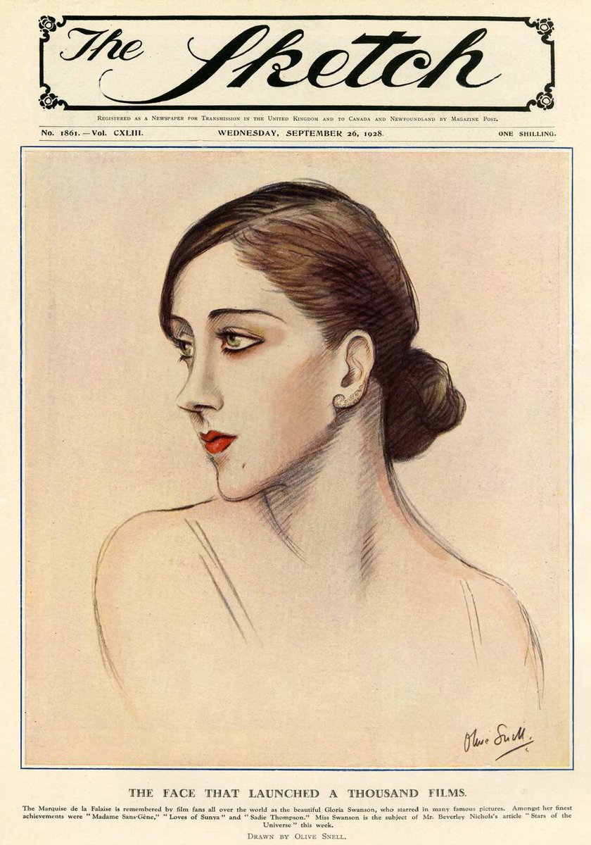 Gloria Swanson portrait by Olive Snell, The Sketch magazine, 1928.