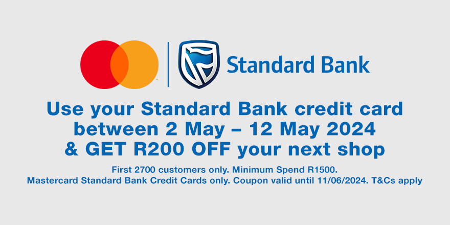 Use your Standard Bank Mastercard Credit Card from May 2nd to May 12th, 2024 and get R200 off your next shopping spree! 💳💸 Hurry, offer exclusive to first 2700 customers. Minimum spend R1500. Coupon valid until 11/06/2024. T&C apply. 🛍️✨ #StandardBank  #ShopAndSave