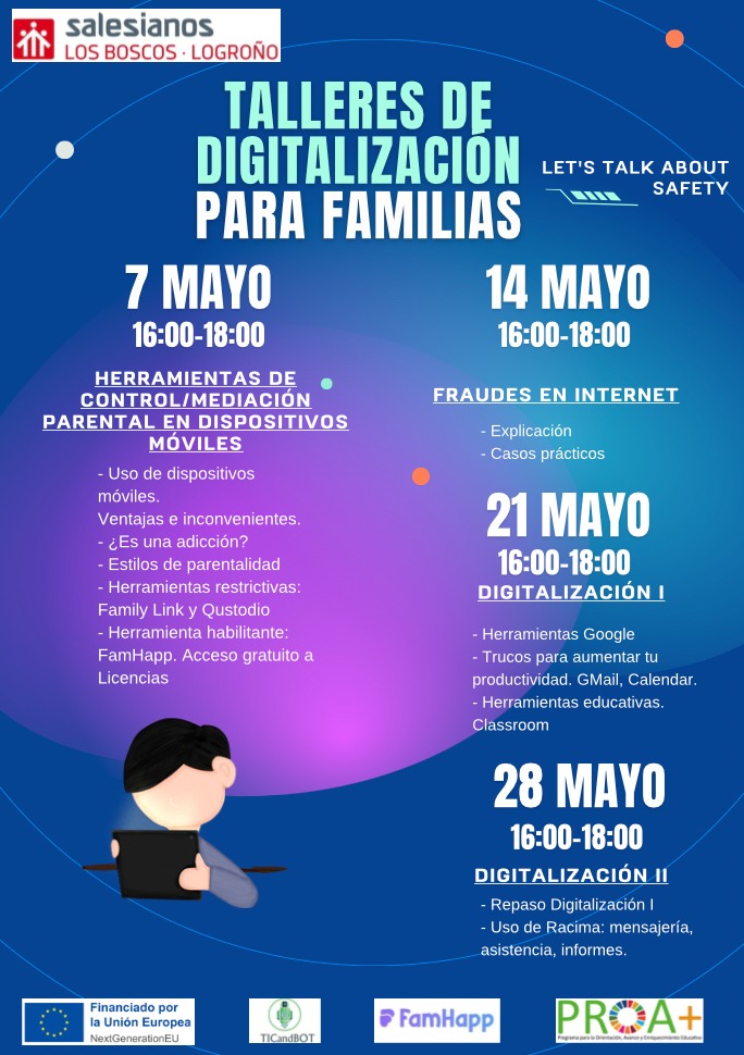 Talleres de DIGITALIZACIÓN para familias ‼️💻📲
Todos los martes de mayo, de 16:00 a 18:00 h, en #SalesianosLosBoscos 😉

¡Os esperamos!

#LosBoscos #Salesianos #Digitalización #TÚMeImportas #UnSueñoParaTi #ESO #FP #ControlParental #HerramientasGoogle #Internet