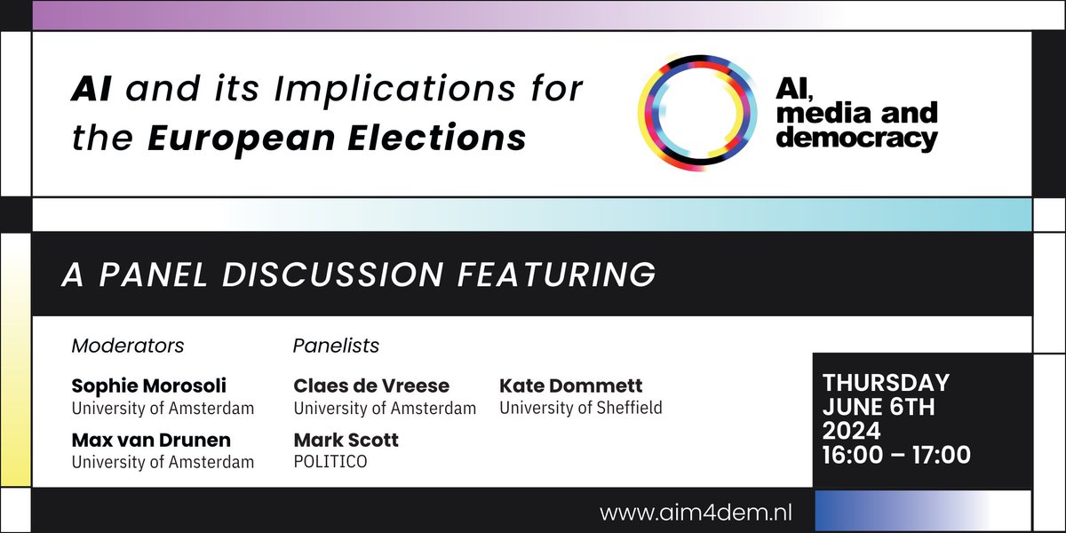 Join us in exploring the opportunities and threatsof (generative) #AI to #democracy and European #elections on June 6, at 16:00 CEST. W/ leading academic experts @KateDommett & @claesdevreese and @politico's AI & election expert @markscott82. Register: rb.gy/nw9l9x