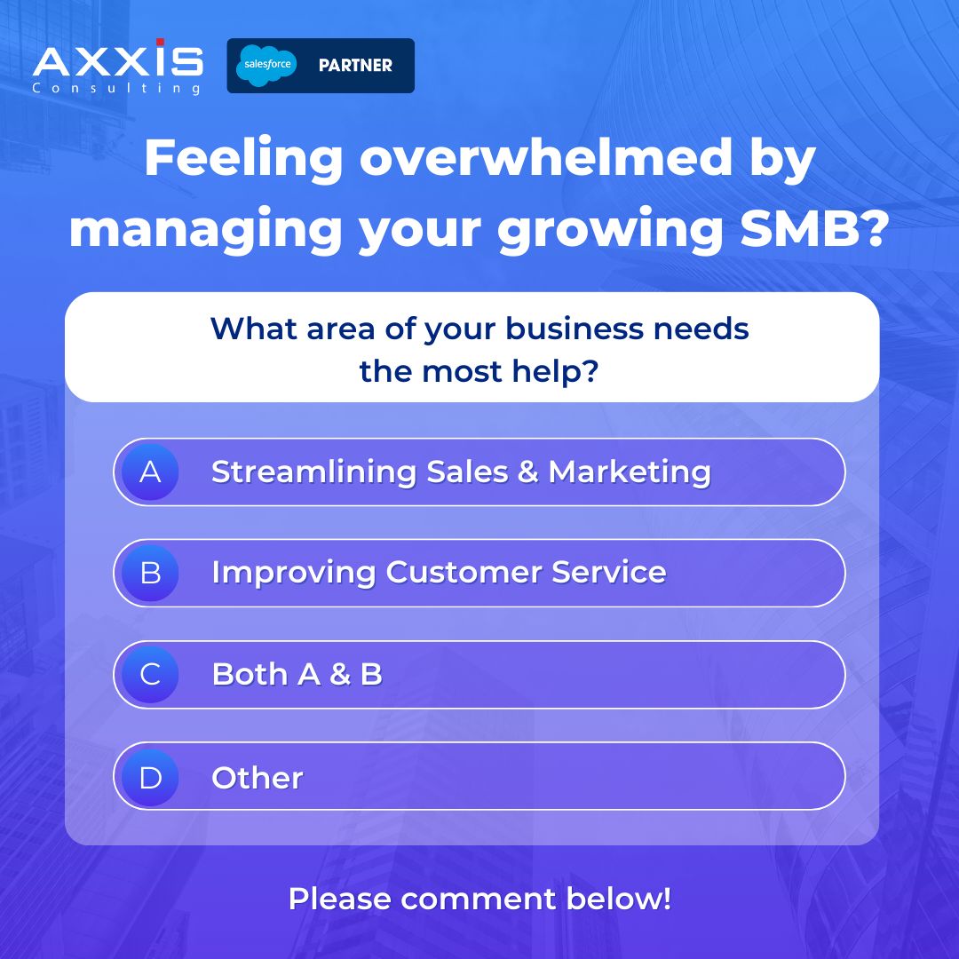 **Feeling overwhelmed by managing your growing SMB? **
What area of your business needs the most help?
Options:
A) Streamlining Sales & Marketing
B) Improving Customer Service
C) Both A & B
D) Other (Please comment below!)'