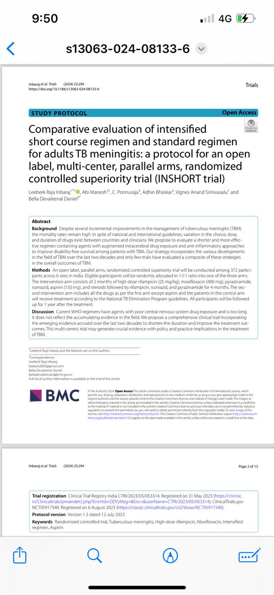 @icmrnirt1 is embarking on this significant trial that is likely to have policy implications. We aim to reduce death and disability in TB meningitis. @abi_manesh @paimadhu @bmc @DrRAKESHPS1 @HShewade link.springer.com/content/pdf/10…