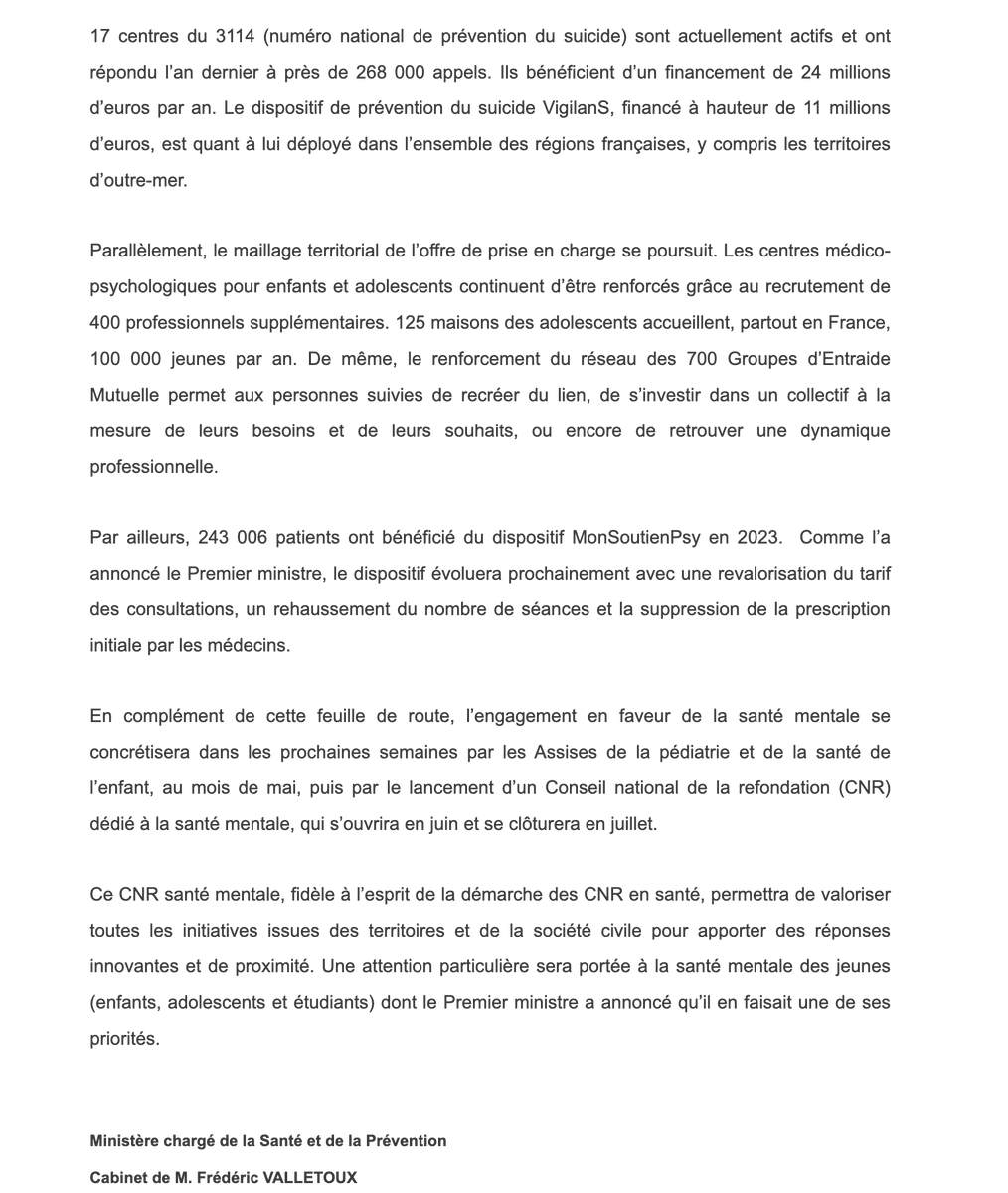 📌 Le Conseil national de la refondation #CNR en #santé mentale et #psychiatrie "s'ouvrira en juin et se clôturera en juillet" annonce le ministre chargé de la Santé et de la Prévention Frédéric Valletoux <a href="/Sante_Gouv/">Ministère de la Santé</a>