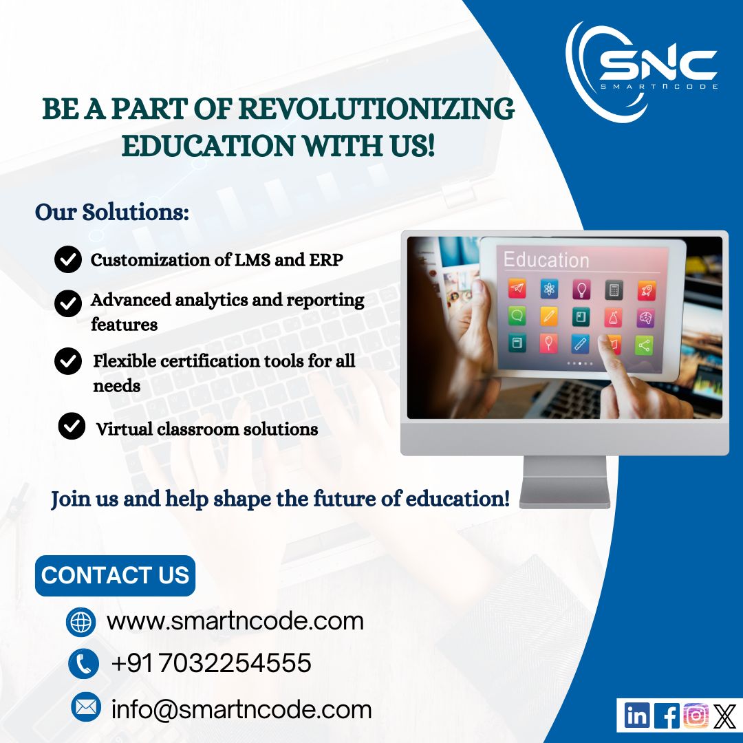 Join us in revolutionizing education with cutting-edge software solutions:
📚LMS, 💻Virtual Classrooms, 📊Analytics, ✏️Course Creation Tools
Transform education with us!

#EducationRevolution #FutureOfLearning #TechInEducation #smartncode #snc #MobileAppsforEducation